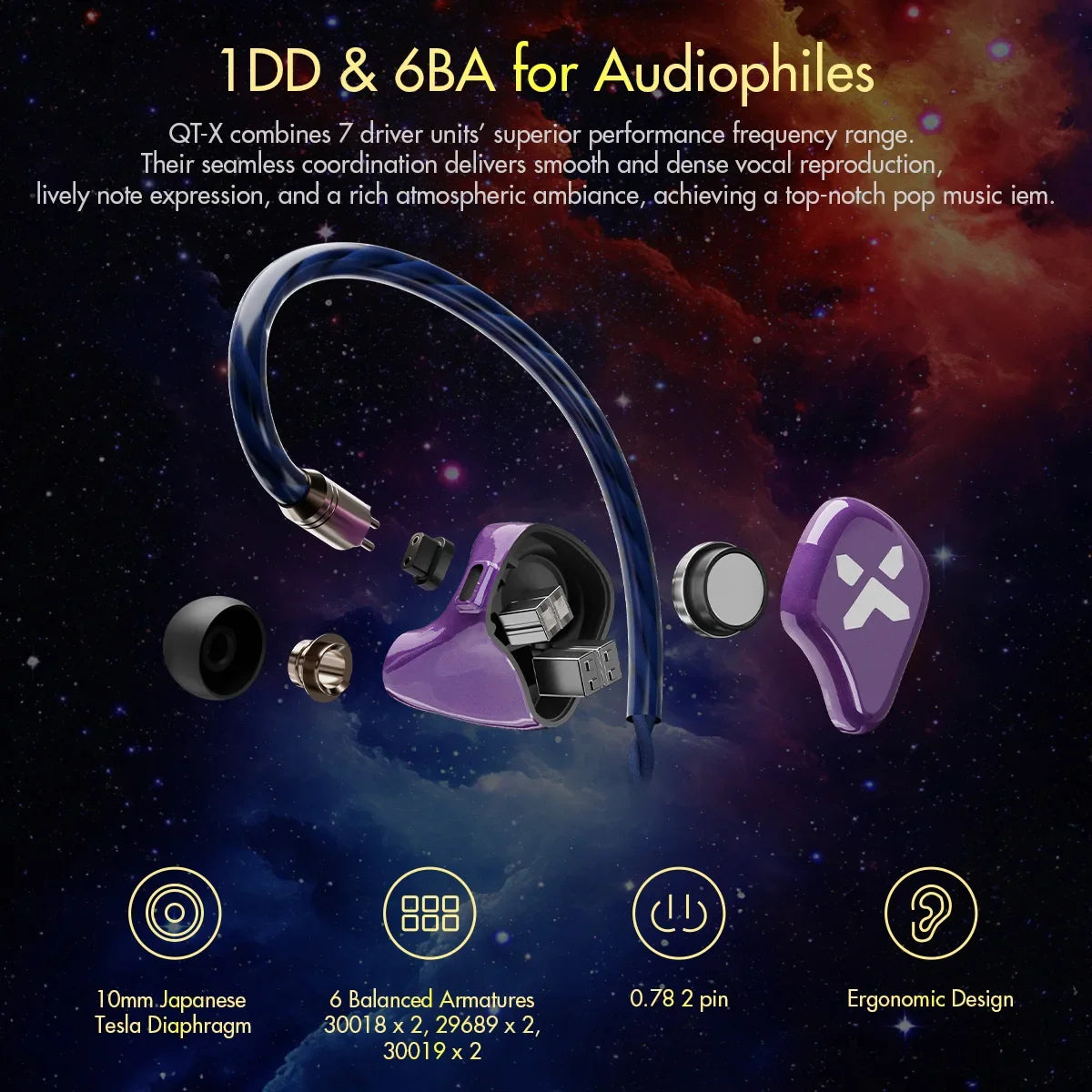 ROSESELSA QTX Value 1DD+6BA IEMs Wired HiFi In-Ear Earphones Monitor Earbuds for Audiophile 2 pin Detachable Cable