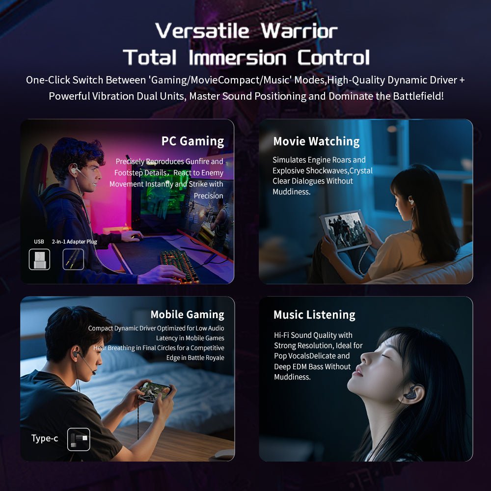 CVJ Shadow Blade HIFI in - ear Wired Earphones Dynamic Driver + Vibration Unit with Tuning Tubes HD MIC Vibration Music Gaming IEM - HIFICHOI