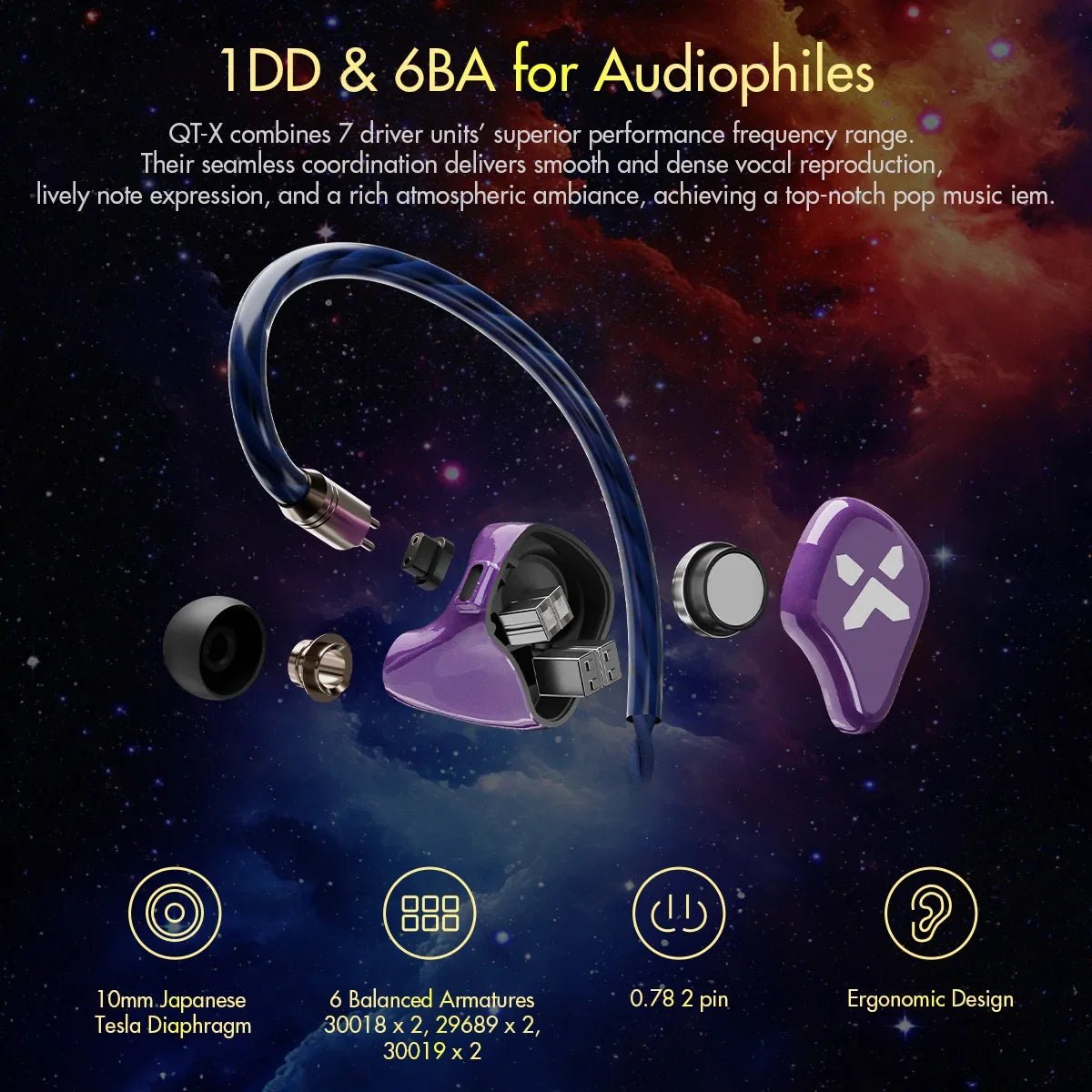 ROSESELSA QTX Value 1DD+6BA IEMs Wired HiFi In - Ear Earphones Monitor Earbuds for Audiophile 2 pin Detachable Cable - HIFICHOI